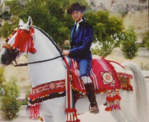 Imagen de un caballo vestido con todos los tradicionales y vistosos aparejos.