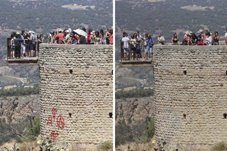 El Ayuntamiento reacciona y borra la pintada de la hoz y el martillo y el símbolo anarquista situada en las Cornisas del Tajo