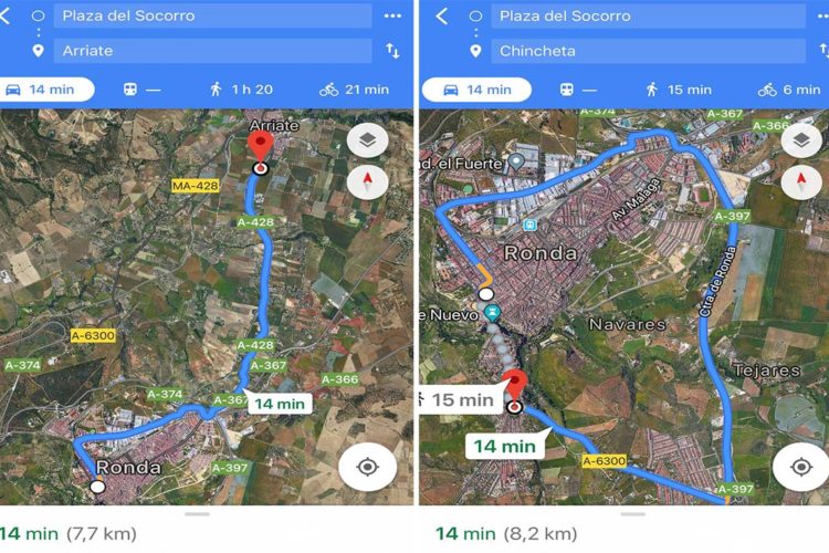 Google Maps confirma que hay que recorrer más kilómetros para ir desde el centro de Ronda al barrio de San Francisco, que desde ese lugar a Arriate