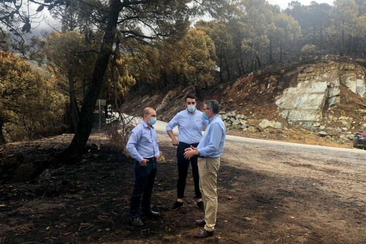 Técnicos de Medio Ambiente y Carreteras de Diputación valoran los daños causados por el incendio para proceder a su reparación